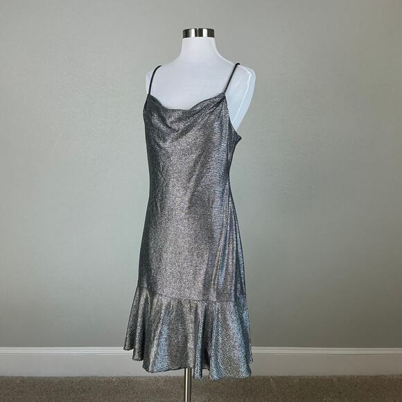 Silver Metallic Sleeveless Midi Sheath Cocktail Dress Size 10 Nightway Cowl Neck - Picture 4 of 13